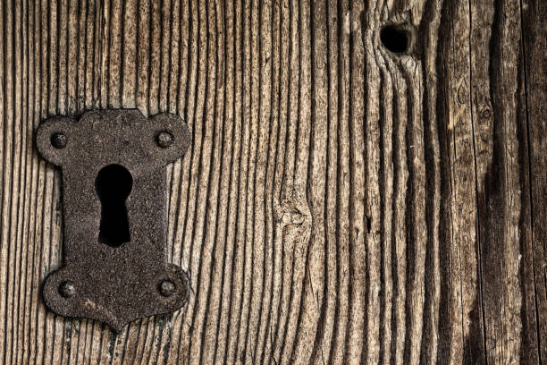 Wooden background of old boards with metal keyhole