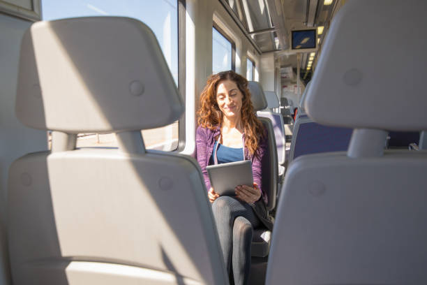 istock happy woman in train reading digital tablet 938093130