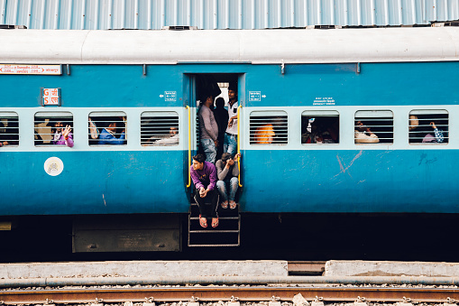 Gwalior, India - November 15, 2017 : Passengers in Indian railway train