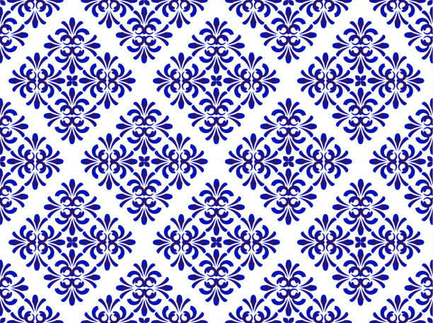 블루 꽃 장식 패턴 - porcelain tiles stock illustrations