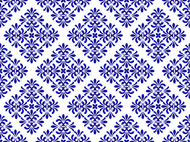 ilustrações de stock, clip art, desenhos animados e ícones de blue floral decorative pattern - background tile ilustrações