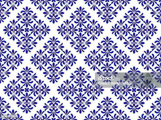 Синий Цветочный Декоративный Узор — стоковая векторная графика и другие изображения на тему Узор - Узор, Кафельный пол, Испания