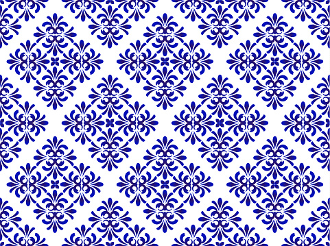 ceramic blue floral pattern seamless vector, cute porcelain background design damask style