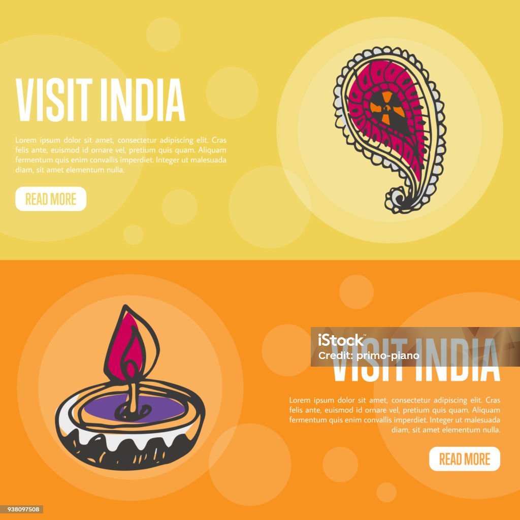 Visit India Touristic Vector Web Banners Visit India horizontal banners. Mehndi cucumber ornament and oil lamp hand drawn vector illustrations. Web templates with country related doodle symbols. For travel company landing page design Business stock vector
