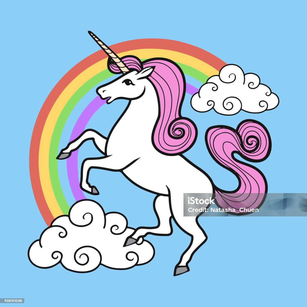 unicorn with clouds and rainbow Animal stock illustration