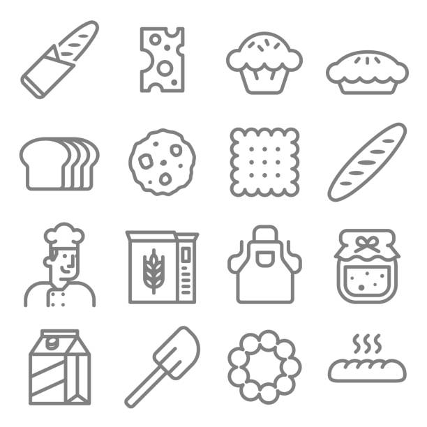 набор значков вектора хлебобулочных изделий - baguette stock illustrations