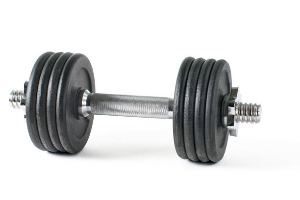 istock black metal Dumbbell isolated on white background 938111536