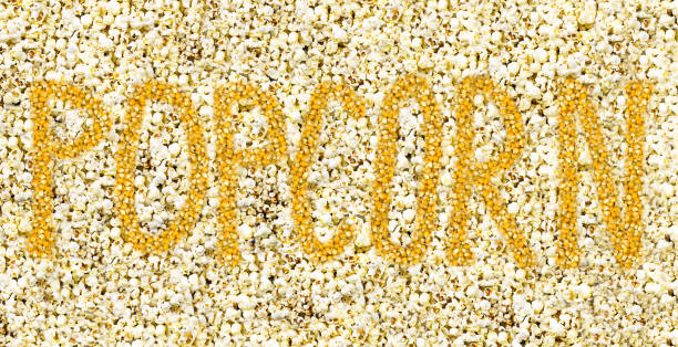 Popcorn inscriptions with yellow bright corn grains dry on a white background airy