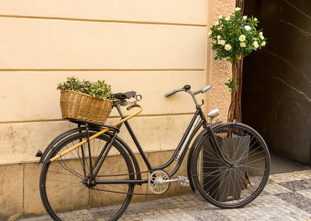 istock Old black bicycle wicker basket with green composition on the trunk leaning against the beige wall of the house 938113380
