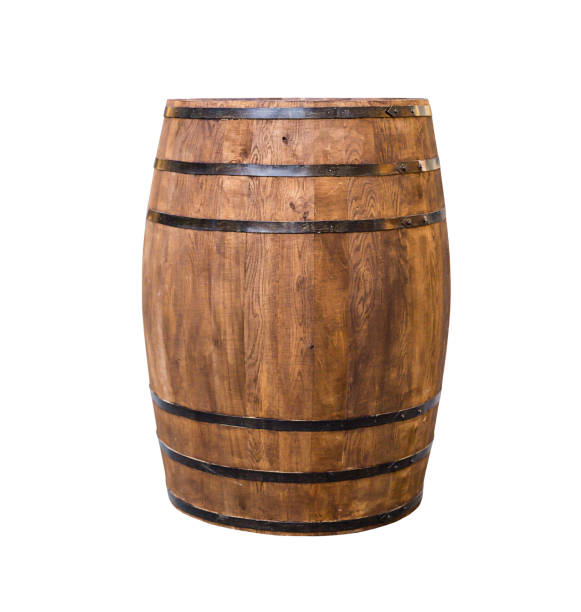 istock Oak barrel brown with metal hoops on a white isolated background 938116760