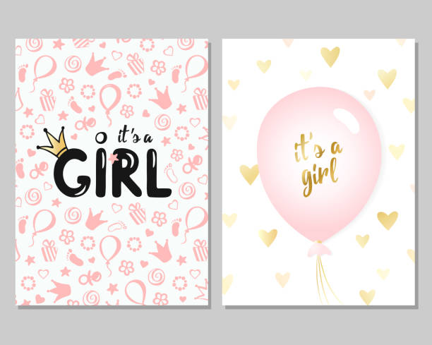 Vector baby shower cards for girls. Pink illustration Vector set of pink baby shower cards for girls. It's a girl card. Vector invitation with cute pattern, balloon. Baby arrival and shower baby shower card stock illustrations