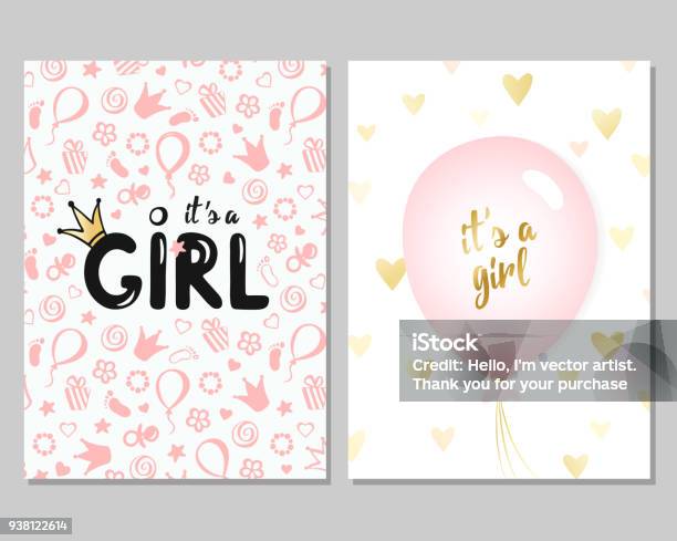 Vector Baby Shower Cards For Girls Pink Illustration Stock Illustration - Download Image Now