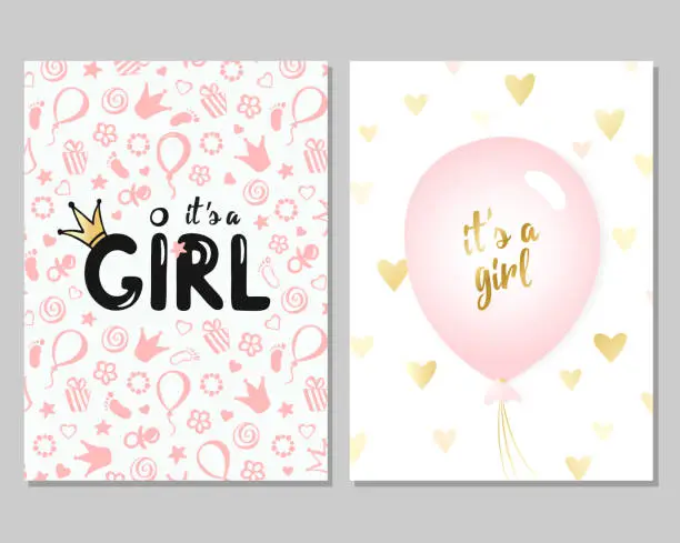 Vector illustration of Vector baby shower cards for girls. Pink illustration