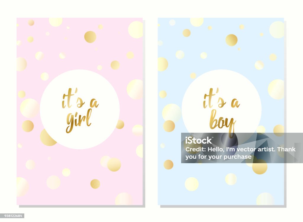 Vector cards for baby shower Set of vector invitation with gold bubbles for girl and boy. Baby shower posters with lettering. It's a girl, it's a boy greeting card. Baby - Human Age stock vector