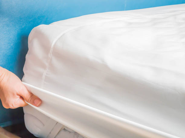 Woman is putting the bedding cover or mattress pad on the bed or putting off for cleaning process. stock photo