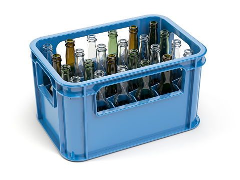 Empty bottles  in the strage crate for bottles. Glass recycling concept.3d illustration