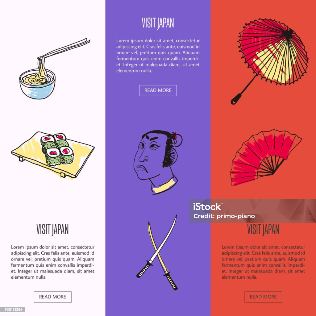 Visit Japan Touristic Vector Web Banners Set Visit Japan vertical web banners. Noodles with bamboo sticks, samurai, swords, hand fan and umbrella drawn vector illustrations. Templates with country related symbols. For travel company landing page Adult stock vector