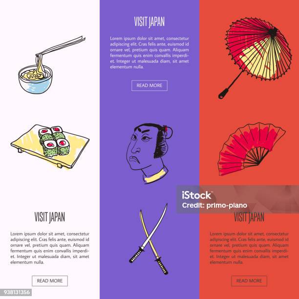 Visit Japan Touristic Vector Web Banners Set Stock Illustration - Download Image Now - Adult, Bamboo - Material, Business