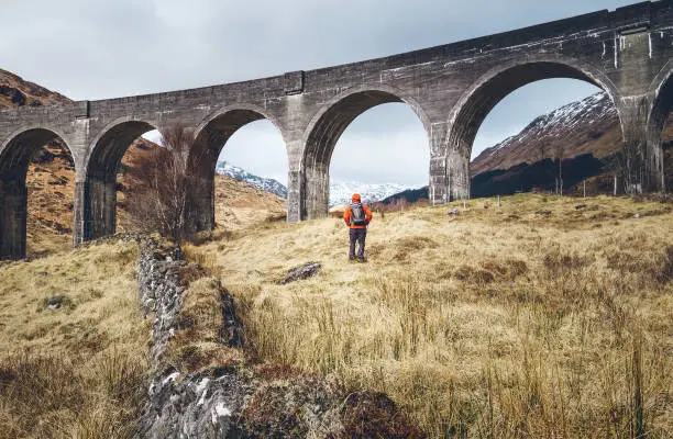 Hiking, walk with backpack, active lifestyle concept image. Man traveler walks neaar famous Glenfinnan viadukt in Scotland