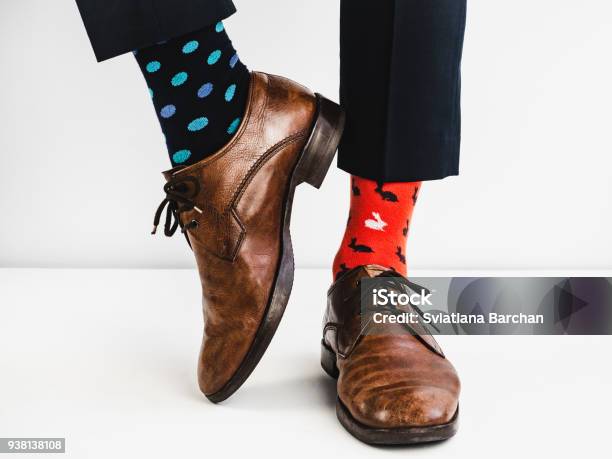 Stylish Shoes And Bright Funny Happy Socks Stock Photo - Download Image Now - Sock, Shoe, Men