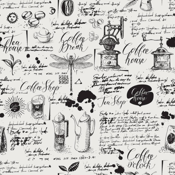 Grunge seamless background on coffee and tea theme Vector seamless pattern on tea and coffee theme in retro style. Various coffee symbols, dragonfly, blots and inscriptions on a background of old manuscript. Can be used as wallpaper or wrapping paper sugar bowl crockery stock illustrations