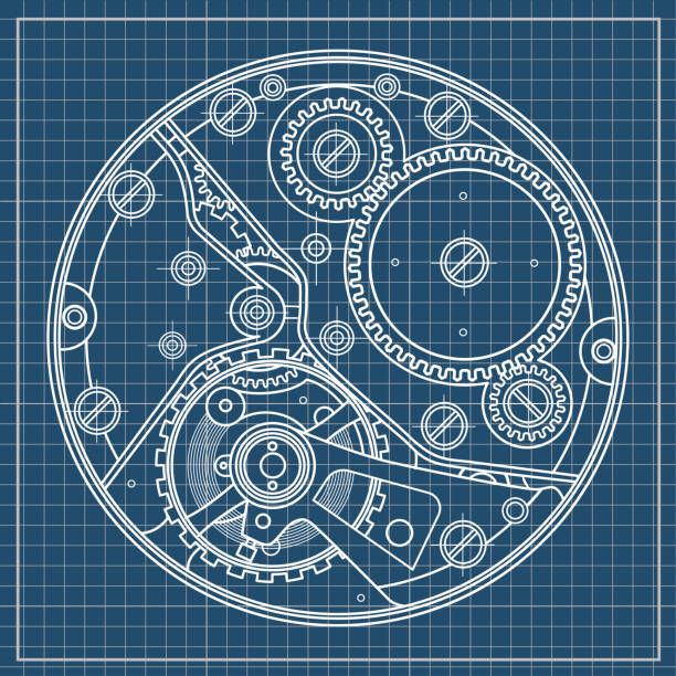 기어와 기계식 시계 계획입니다. 내부 장치의 그림. 복잡 한 시스템, 기술, 엔지니어링 및 과학 연구, 첨단의 조화로 운 상호 작용의 예제로 사용 될 수 있습니다. - clock parts stock illustrations