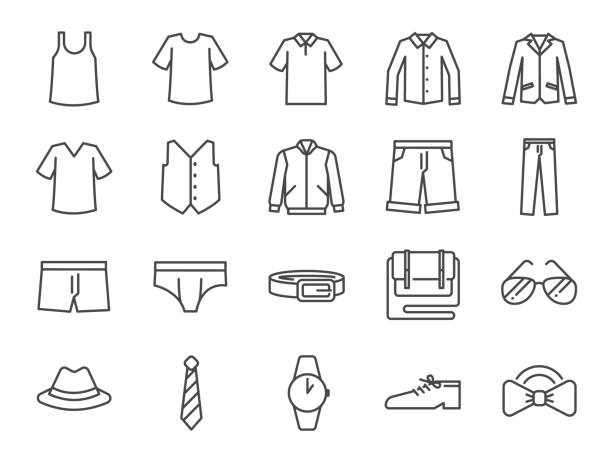 männer kleidung-icon-set. enthalten die symbole als shorts, berufsbekleidung, mode, jean, hemd, hose, accessoires und mehr. - polo shirt shirt clothing textile stock-grafiken, -clipart, -cartoons und -symbole