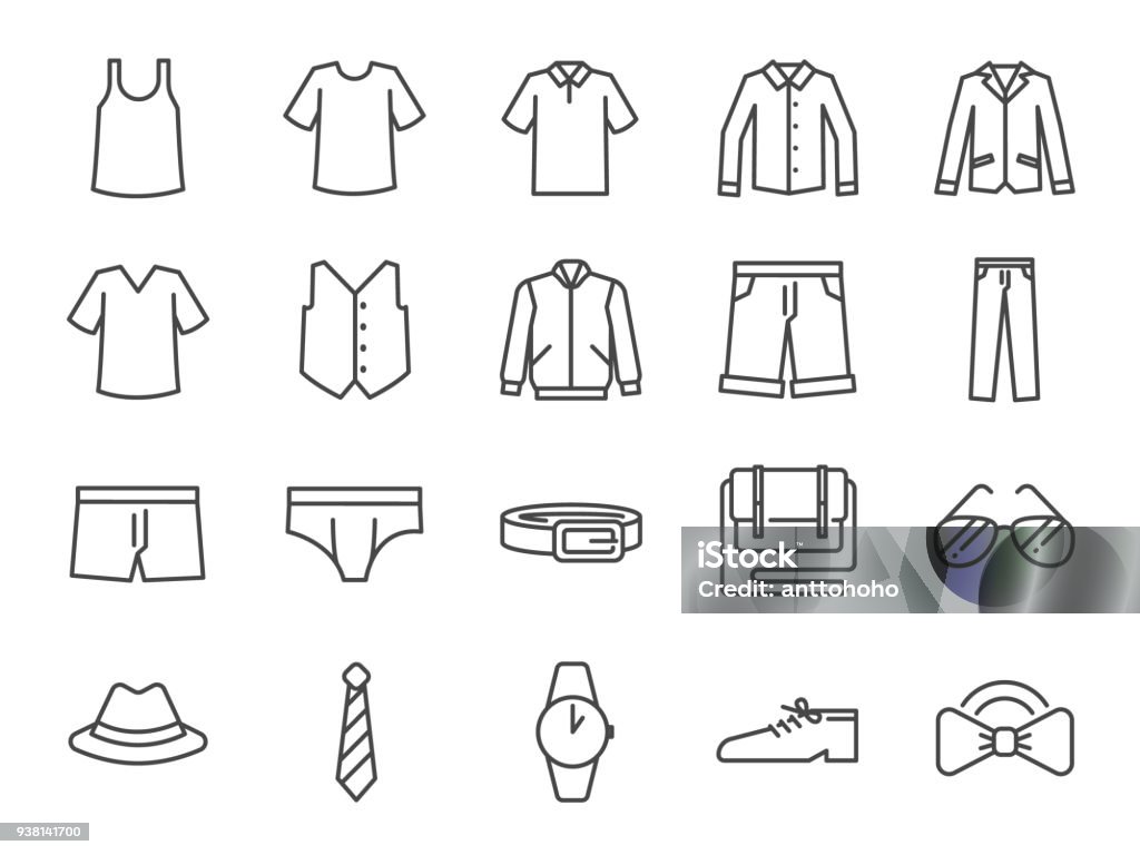 Men clothes icon set. Included the icons as shorts, workwear, fashion, jean, shirt, pants, accessories and more. Icon Symbol stock vector