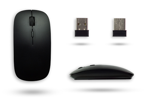 Black wireless mouse and USB wireless mouse transmitter on isolated white background with clipping path.