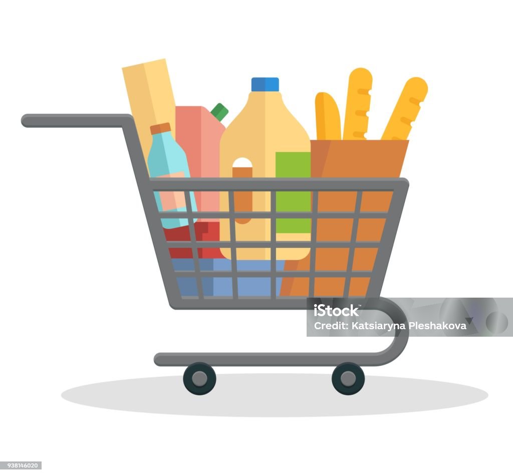 Carrinho de compras cheio de comida - Vetor de Carrinho de compras royalty-free