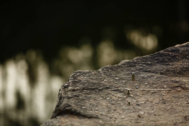 Five zen stones put on white table with green and yellow bokeh background.
