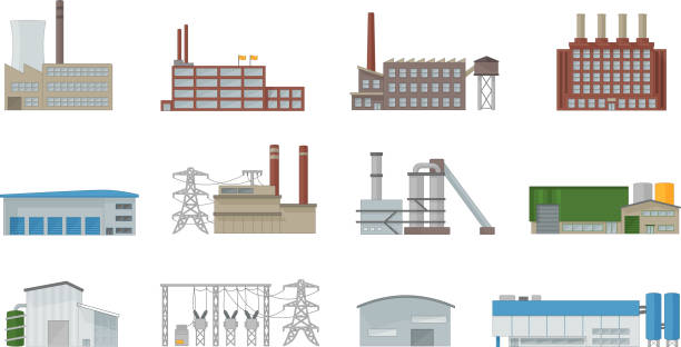 fabryczny wektor budowlany w stylu płaskim. elektrownie, budynki produkcyjne, przemysłowe i magazynowe. - water tower stock illustrations