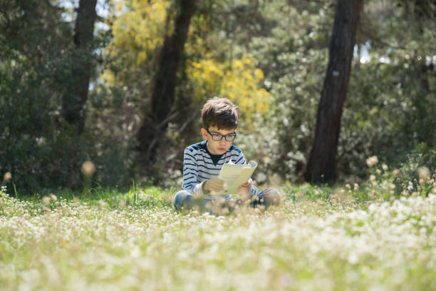 criança feliz, lendo um livro na floresta - child glasses elementary student reading - fotografias e filmes do acervo