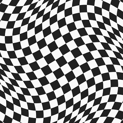 black and white checkered wavy surface. abstract distorted plane with square tiles. vector background