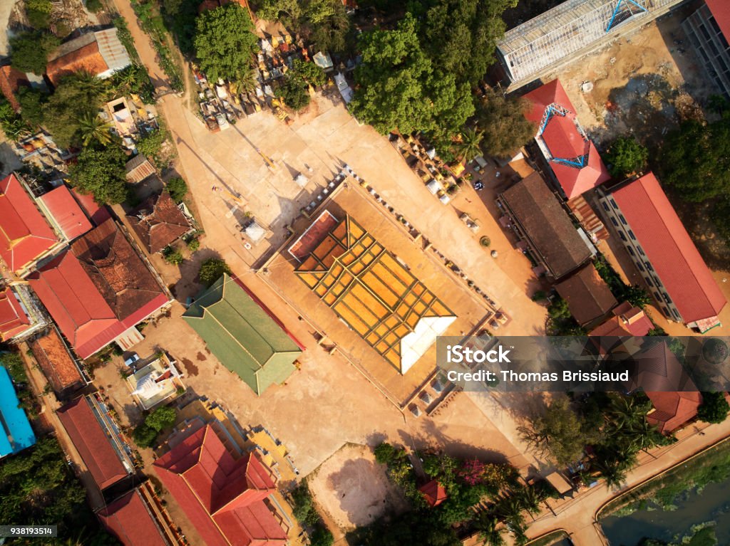 Aerial boudhist temple pagoda in Siem-Reap, Cambodia Drone aerial bird eye view of a boudhist temple pagoda in Siem-Reap, Cambodia Ancient Stock Photo