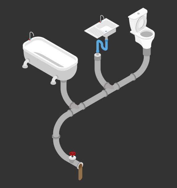 하 수도 시스템입니다. 감청 물 공급입니다. 화장실과 욕조입니다. 아이소메트릭 스타일 싱크 - pipe pvc drain sewer stock illustrations