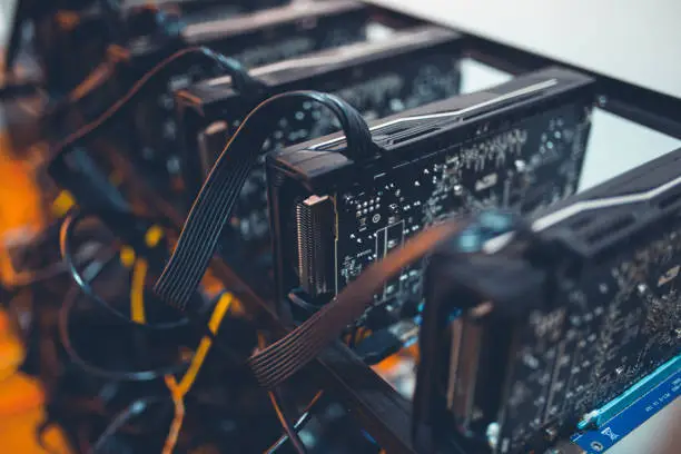 High Angle Close Up Of Crypto Currency Mining Eqipment