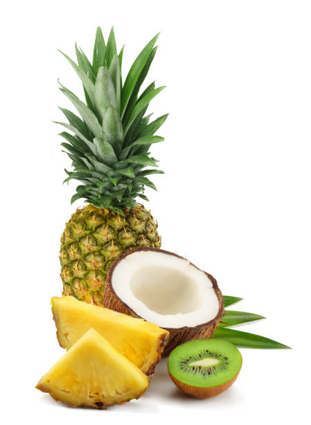 istock Coconut with pineapple and green leaves isolated on white background 938204360