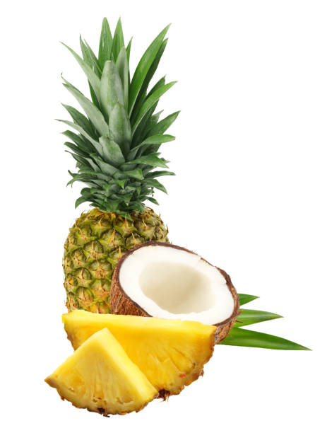 istock Coconut with pineapple and green leaves isolated on white background 938204522