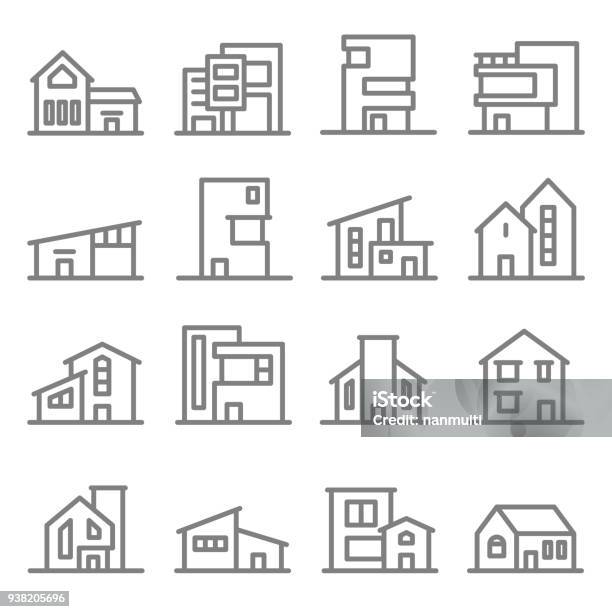 Verschiedenen Real Estate Immobilien Moderne Stil Gebäude Vektorlinieiconset Stock Vektor Art und mehr Bilder von Wohnhaus