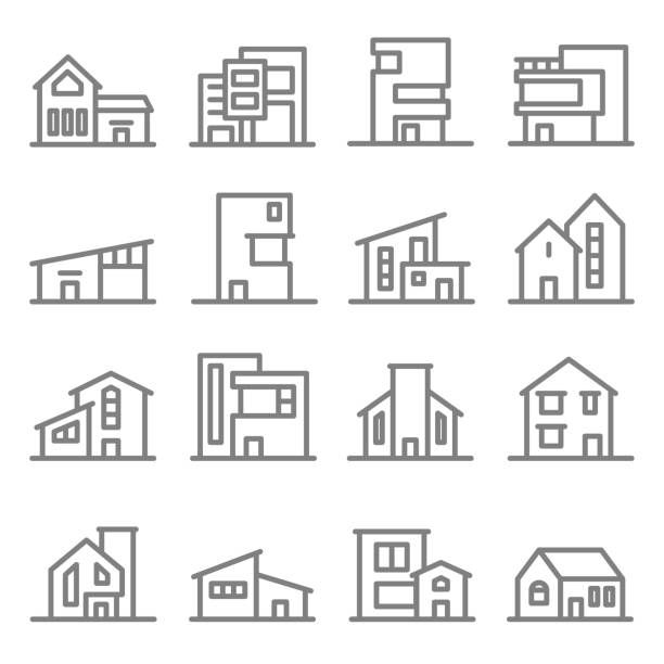 illustrazioni stock, clip art, cartoni animati e icone di tendenza di set di icone della linea vettoriale vari immobili edifici in stile moderno - urban villa