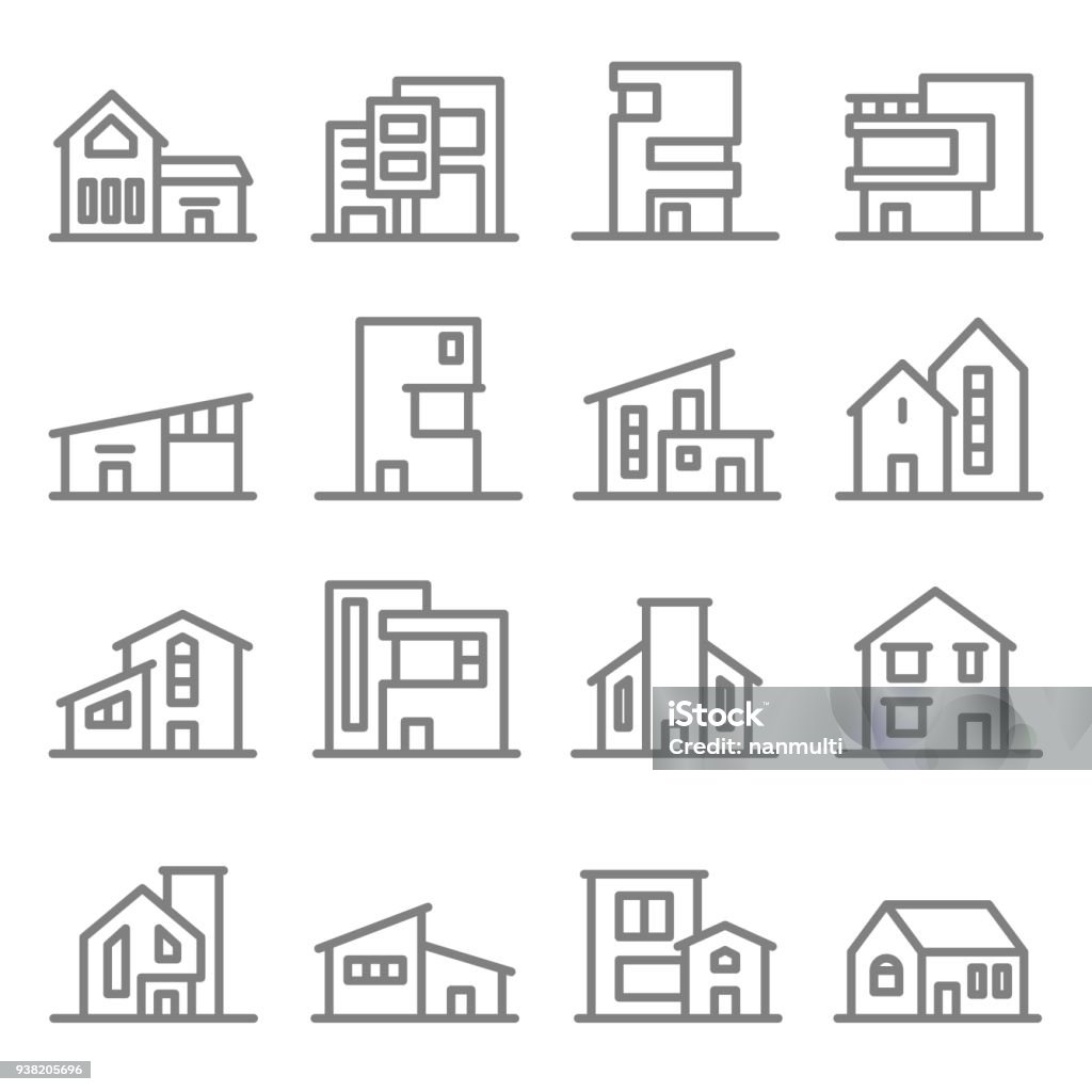 Various Real Estate Property Modern Style Buildings vector line icon set Various Real Estate Property Modern Minimal Style Buildings vector line icon set House stock vector