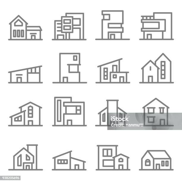 Various Real Estate Property Modern Style Buildings Vector Line Icon Set Stock Illustration - Download Image Now