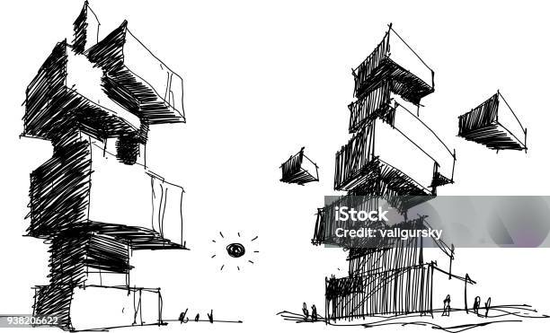 Two Architectural Sketches Of A Modern Abstract Architecture Stock Illustration - Download Image Now