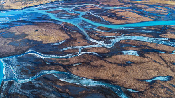 istock Aerial view and top view river in Iceland. Beautiful natural backdrop. 938211182