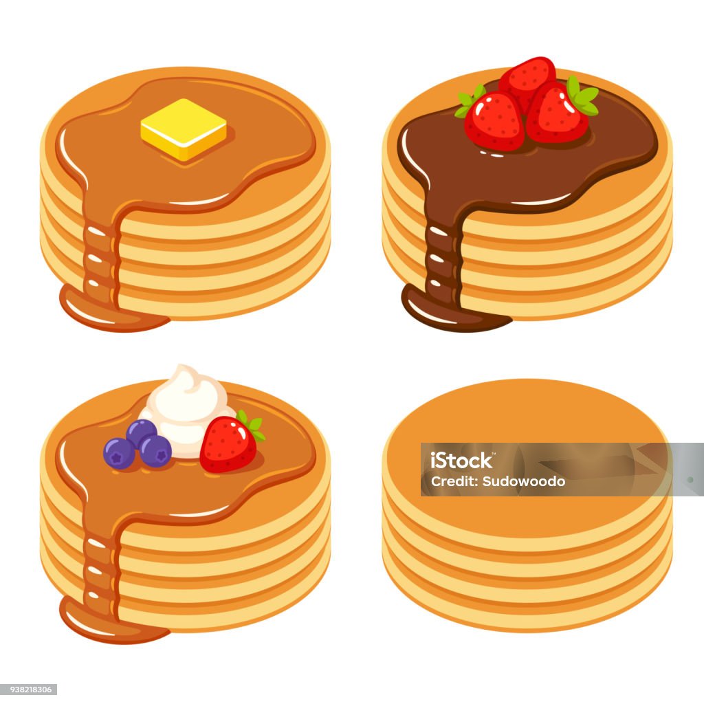 Set of different pancakes Set of pancakes with different toppings: honey and butter, chocolate syrup and fruit, and a stack of plain isolated pancakes. Traditional breakfast food vector illustration. Pancake stock vector