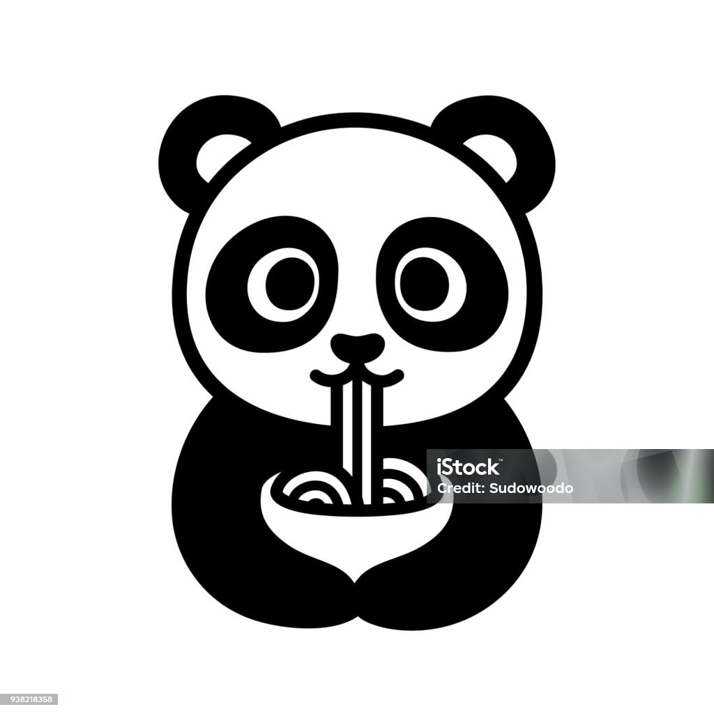Cute panda eating noodles Cute cartoon panda character eating noodles from bowl. Funny Chinese food illustration. Isolated black and white clip art drawing. Panda - Animal stock vector