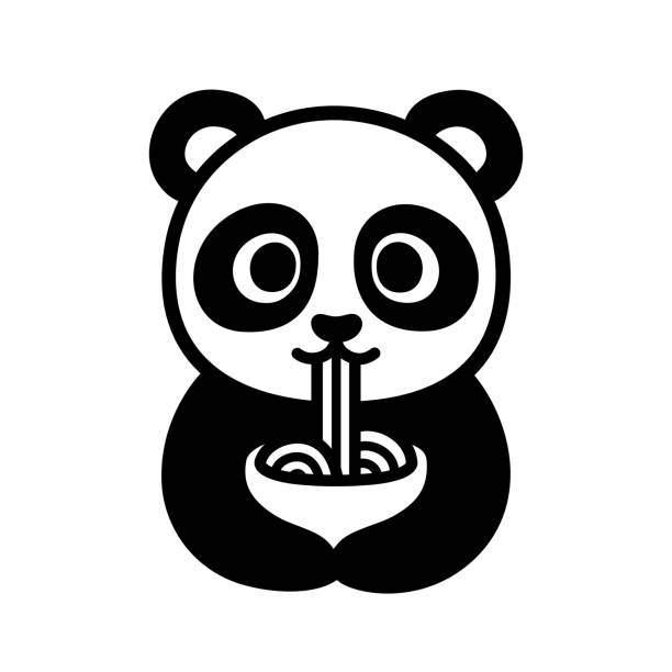 Cute panda eating noodles Cute cartoon panda character eating noodles from bowl. Funny Chinese food illustration. Isolated black and white clip art drawing. chinese panda stock illustrations