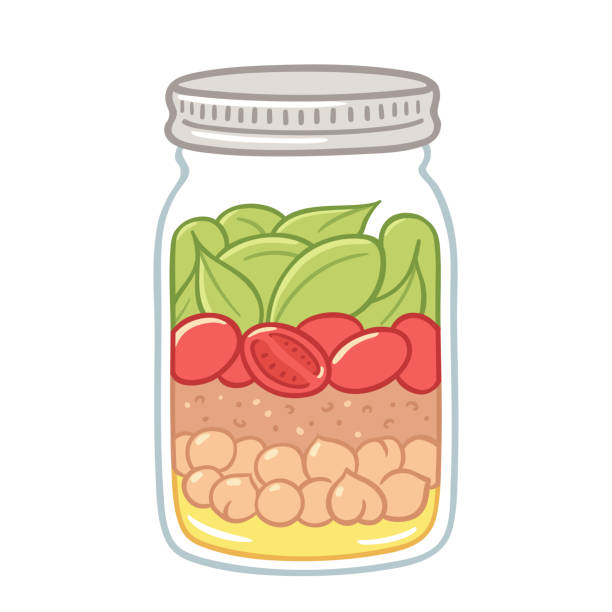 ilustraciones, imágenes clip art, dibujos animados e iconos de stock de ensalada en una ilustración de tarro - salad dressing condiment cooking oil glass