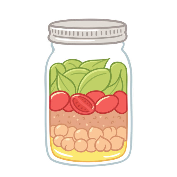 Salad in a jar illustration Salad in mason jar, healthy vegan lunch idea. Cute hand drawn meal prep with vegetables, beans and dressing. mason jar stock illustrations